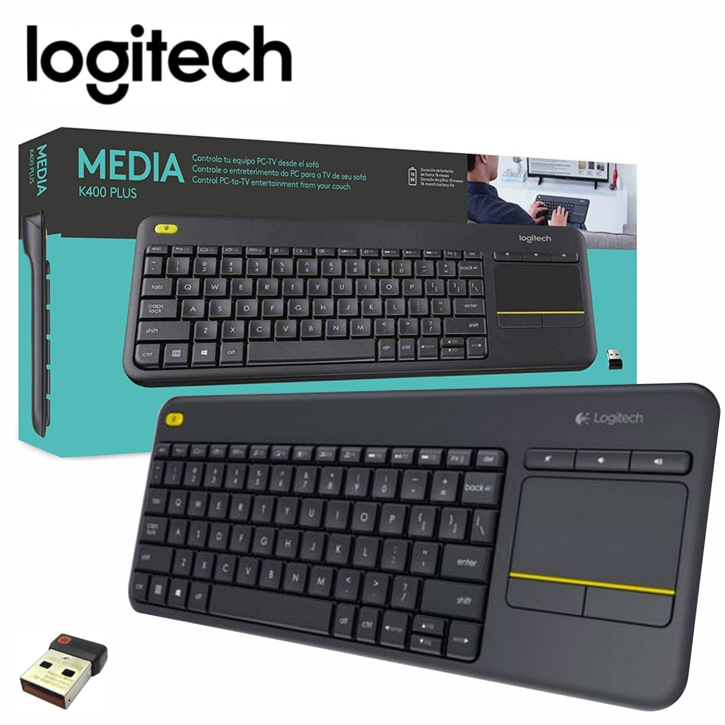 Teclado Logitech K400 Plus inalámbrico, Receptor USB, touch pad